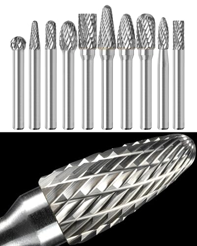 Sworker 10Pcs Carbide Burr Set 1/4 Shank w/Clear Box Max Head Dia 10mm Die Grinder Bits Rotary Tools Attachment Kit Rasp Accessories Metal Wood Stone Steel Grinding Deburring Cutting Porting Carving