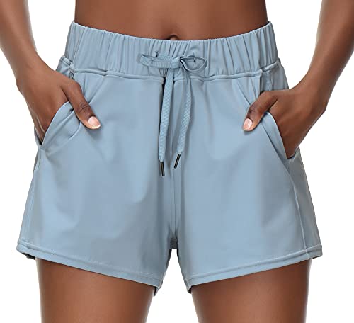 Wjustforu Women\'s Hiking Active Running Shorts Quick-Dry Yoga Lounge Shorts with Pockets Casual Drawstring Shorts (Medium, Denim Blue)