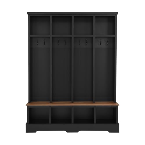 hoopoocolor 59" Farmhouse Hall Tree with Bench 8 Hooks, Shoe Storage Cabinet Mudroom Storage Locker, Entryway Bench with Coat Rack and Open Compartments, 76.7" Tall Drop Zone Organizer (Black)