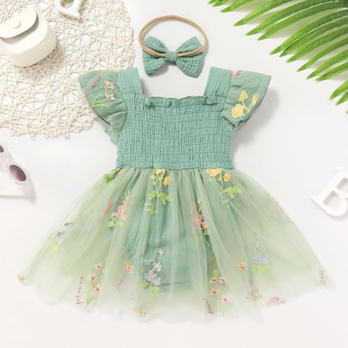 ODASDO Baby Girls First Birthday Outfit Sqaure Neck Ruffle Fly Sleeve Tulle Tutu Romper Dress with Bowknot Headband3