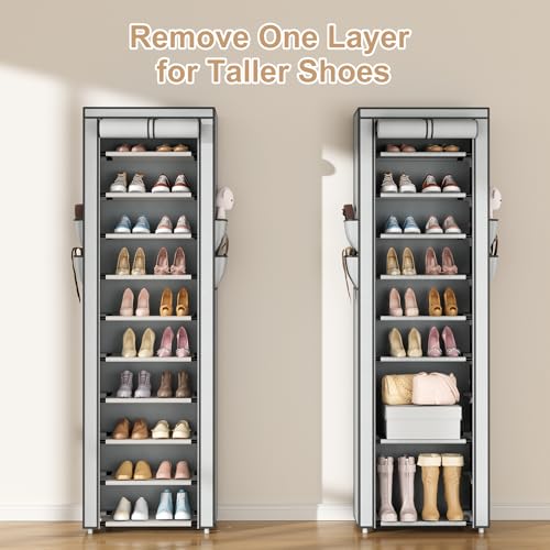 Image of ROJASOP Shoe Rack with Covers 10 Tier Large Shoe Organizer Tall Shoe Closet Storage for 20-22 Pairs Shoe and Boot, Free Standing Shoe Rack Organizer for Closet, Entryway, Bedroom, Grey