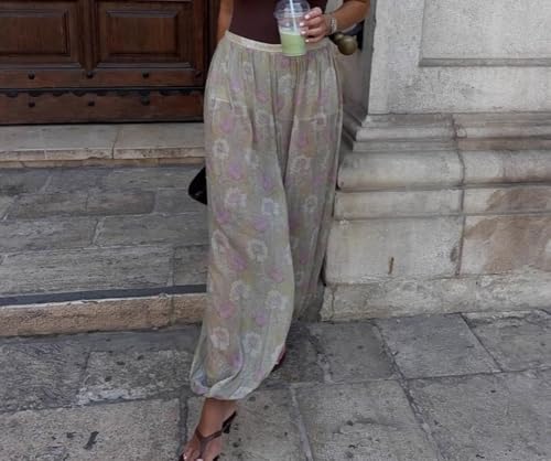 Y2k See Through Bell Bottom Pants Women Floral Sheer Wide Leg Baggy Flared Summer Pants2