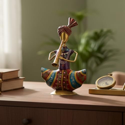 Image of Rajasthani Mini Sardar Musician Showpiece with Pipadi Instrument, Metallic Traditional Table Decor Item for Corporate Bulk Gifting and Office Desk Ornament (2x10x16 cm)