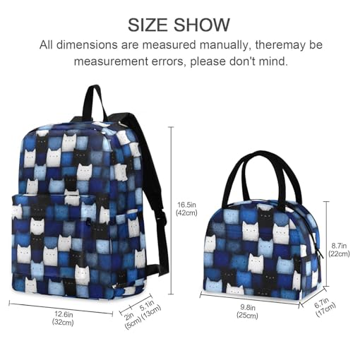 Cartoon Cat Blue Print Backpack Set with Lunch Bag, Large Capacity Travel Backpacks and Lunch Box Insulated for Commute Hiking Picnic2