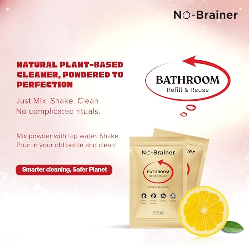 Image of NO BRAINER Bathroom Cleaner Powder to Liquid | Natural Plant‑Based, Non -Toxic | Citrus Fresh for Tiles, Taps |No Bleach, No Residue | Kid & Pet Safe | No Plastic Waste (10 Pouch for 5 Litres)