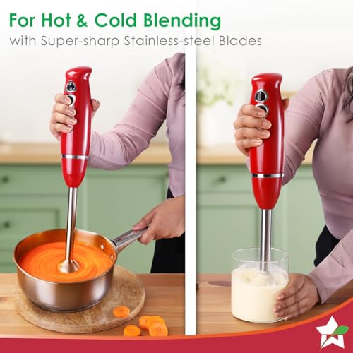 Image of Wonderchef Regalia Hand Blender Mixer | 350W | Sharp Stainless-Steel Blades | Dual Speed Settings | for Hot & Cold Blending | Detachable Blending Arm | 2-Year Warranty | Red