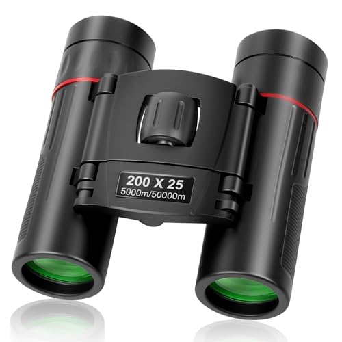 OFFCUP Prismáticos Compactos 200x25 para Adultos, Prismáticos Mini con Tela Limpia y Funda de Transporte, Binoculars de Bolsillo Ligero para Observación de Aves Acampada (Anillo Exterior Rojo)