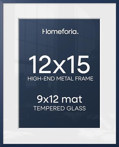 Image of Homeforia 12x15 Navy Blue Picture Frame, High End Metal 12x15 Poster Frames with Mat 9x12 Photo, 12 x 15 Navy Blue Frames Matted to 9 by 12 Print, 15x12 Thin Frames, Tempered Glass, Wall Kit, Set of 1
