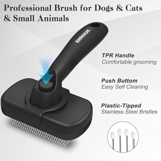 Swihauk Self Cleaning Slicker Brush for Dogs & Cats - Skin Friendly Deshedding and Grooming Brush for Haired Pets, Pet Supplies Accessory, Black-0HvJ8nIA