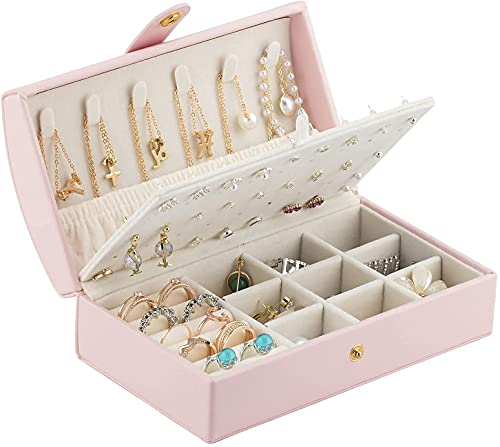 Boîte à bijoux de voyage rose en cuir PU pour bagues et colliers