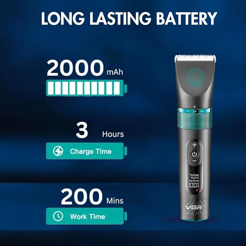 Image of VGR V-209 Professional Pet Clipper, Digital Display, 200min Runtime & 2000mAh Lithium Battery, Fully Waterproof (IPX7), Ceramic Blade,4 Cutting Combs,5000-7000RPM Zoom wheel, 2 Year Warranty, Black