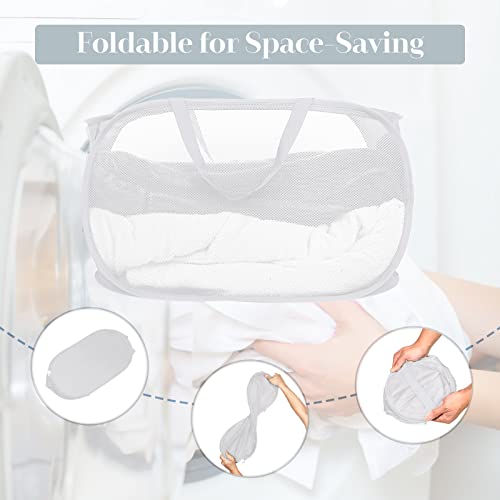 Image of Strong Mesh Pop Up Laundry Basket, Collapsible Laundry Hamper with Side Pocket, Foldable Clothes Hamper with Durable Reinforced Handles for Laundry, Bathroom, Kids Room, Dorm or Travel 2 Pack White