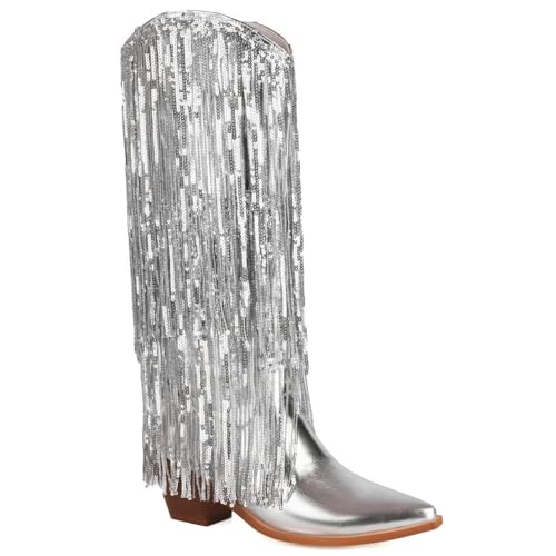 Women's Sequin Knee High Cowboy Boots Sparkly Metallic Fringed Cowgirl Boots Chunky Mid Heel Fashion Dress Booties Pull on