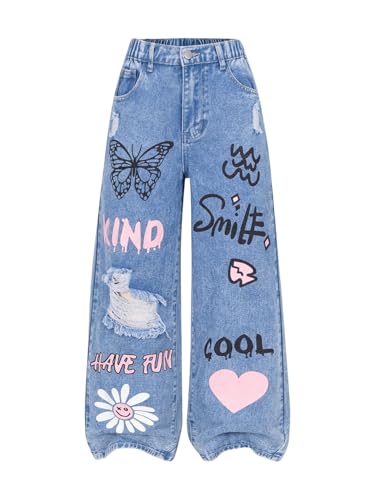 GORGLITTER Girl's Jeans Baggy Wide Leg Graphic Denim Pants Y2K Ripped Zipper Fly Long Trousers with Pockets