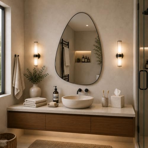 Image of Irregular Wall Mirror, 19.7 x 13.8 Inch Wall Hanging Mirror with Black Bidding, 5mm HD Floating Glass, Modern Aesthetic Vanity Mirror for Bedroom, Living Room, Entryway