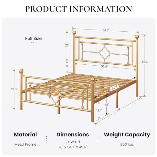 SHA CERLIN 14 Inches Full Size Metal Platform Bed Frame/Vintage Iron-Art Headboard and Footboard/Mattress Foundation for Storage/No Box Spring Needed/Noise-Free/Easy Assembly/Gold