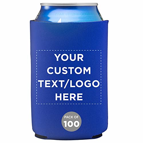 Custom Neoprene Collapsible Can Coolers 12 oz. Set of 100, Personalized Bulk Pack - Great for Beer, Soda, Other Beverages, July 4th Giveaway - Royal Blue