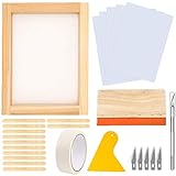 JAPI 27 Pieces Screen Printing Starter kit Include 10 x 14 Inch Wood Silk Screen Printing Frame with 110 White Mesh, Screen Printing Squeegees, Carving Knife for Stencil Method，Waterproof Inkjet Trans