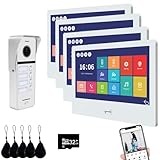Wired Apartment Video Doorbell Intercom System,4 Units 10 Inch Touch WiFi Monitor,Wireless Video Door Phone Kit,Indoor Outdoor Support Monitoring,Unlocking,Two Way Intercom Tuya for Home Vally
