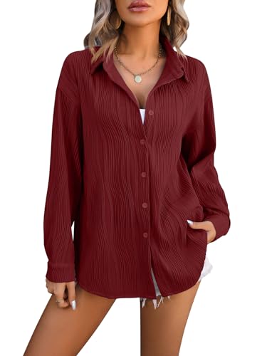 CASURESS Camisas para mujer, de negocios, informales, texturizadas, elegantes, de manga larga, lisas, blusas de trabajo de moda, blusas de otoño, Rojo vino, M