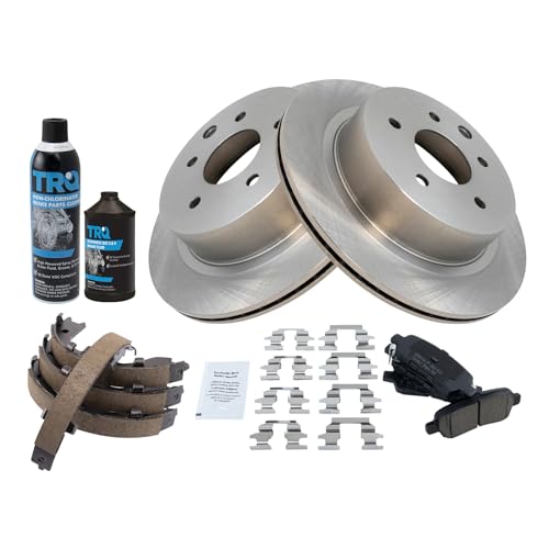 Image of TRQ Rear Brake Pad & Rotor Kit, with Chemical Kit Parking Brake Shoe Set Ceramic Compatible with 2003-2005 Infiniti G35 Nissan 350Z