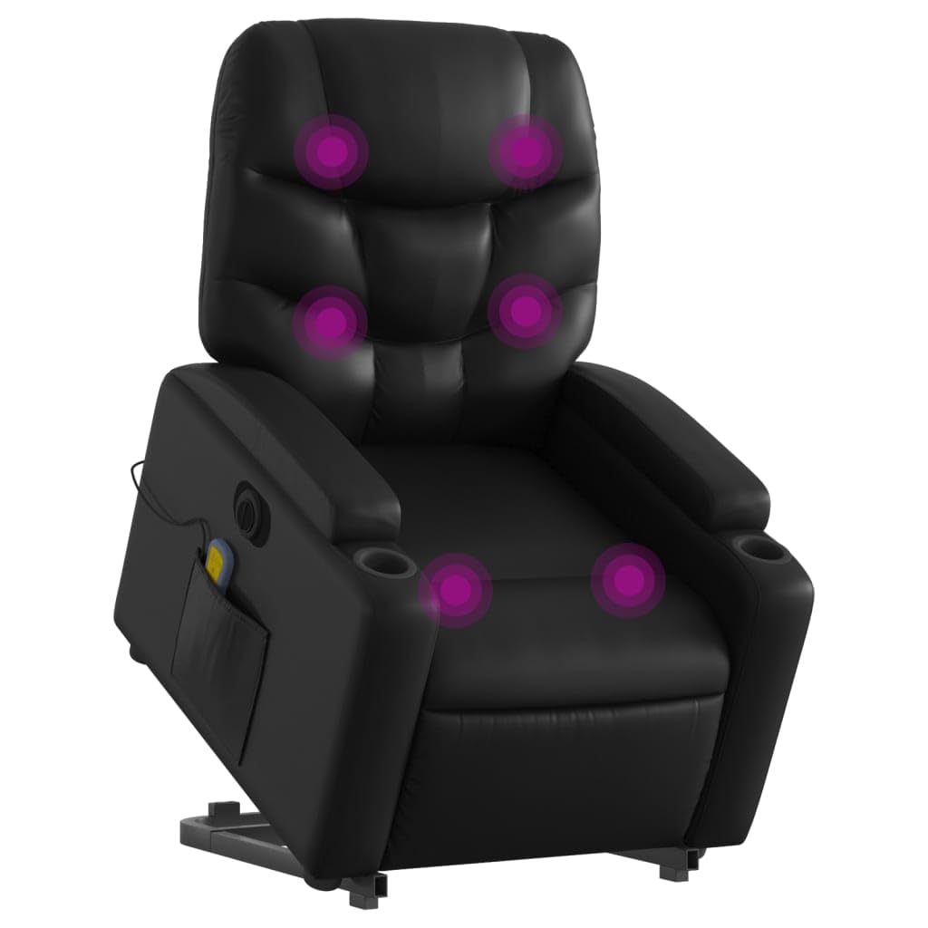 Sillón elevador eléctrico reclinable negro de piel sintética con 6 puntos de masaje, función de elevación y vibración, portavasos y bolsillo lateral