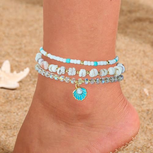 Image of RISHEGAE Shell Anklet Bracelets for Women 14K Gold Plating Boho Bead Anklet Adjustable Womens Anklets Stretch Summer Beach Shell Drawstring Starfish Daisy Anklets Accessories Jewelry Gifts