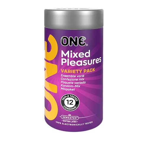 ONE® Preservativos Mixed Pleasures | Paquete variado | Cuenta con seis estilos únicos | Vegano, sin OMG, látex de goma natural | 12 unidades