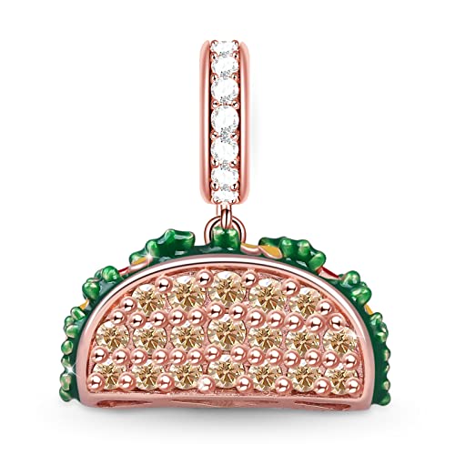 GNOCE Rose Gold Taco Charm Pendant 925 Sterling Silver Delicious Taco Charm Bead with Clear Cystals For Bracelet/Necklace For Women
