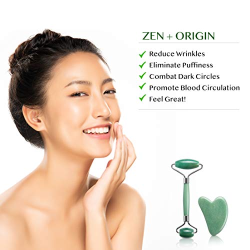 Jade Roller and Gua Sha Set - 100% Natural Jade Stone Face Roller, Dual Sided Massage Roller Stimulates Blood Flow, Relieves Stress, Reduces Signs of Aging, Travel Pouch Included, Gift Box