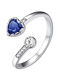 Silvora Adjustable Sterling Silver Open Ring for Women, Love Heart Cubic Zirconia September Sapphire Blue Birthstone Thumb Rings