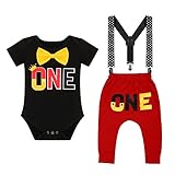 Baby Boys First Birthday Party Formal Outfits Cake Smash Photo Shoot Costume Wild ONE Gentleman Bowtie Romper Bodysuit Long Haren Pants Suspenders Black-One 12-18 Months