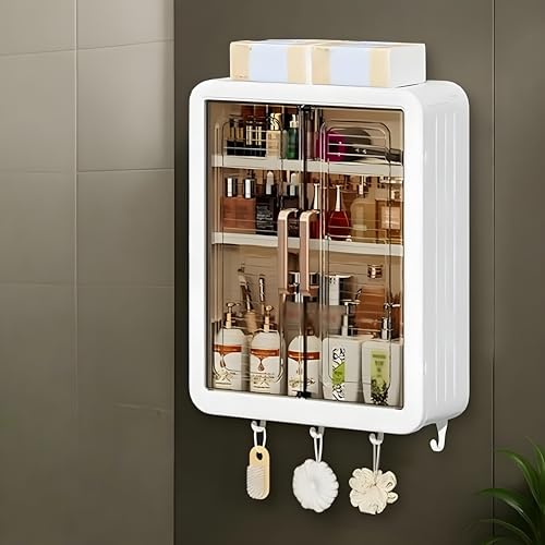 Happy Murti HM Self-Adhesive Bathroom Storage Cabinet with Doors & Shelves | Waterproof Plastic Organizer for Bathroom Essentials & Home | Durable Space-Saving Storage Box