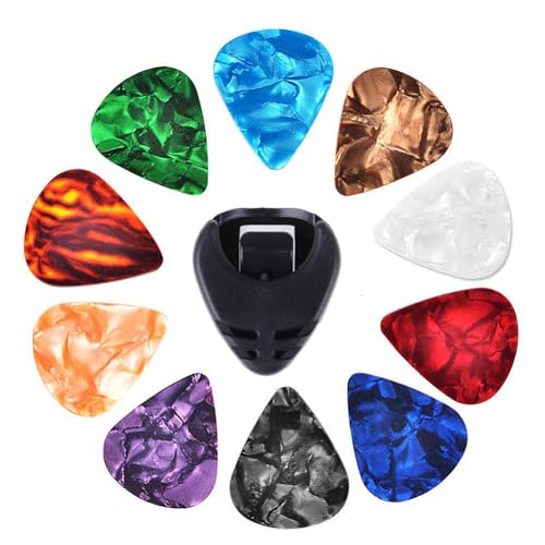 Fiorky Gitarren-Picks-Halter und 10-teiliges buntes Gitarren-Picks- und Plektrum-Halter-Set, Ukulelen-Picks, Akustikgitarren-Picks, Multifunktions-Zelluloid (zufällige Farbe)