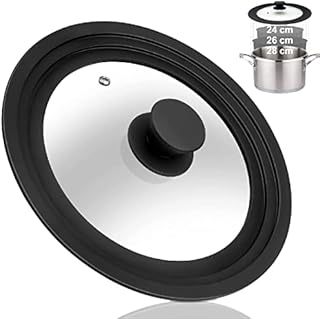 OFNMY Universal Glass Lid 24/26/28cm | Anti-Splash Glass Lid with Silicone Rim & Steam Hole for Frying Pan, Pots, Pans, Casserole, Black