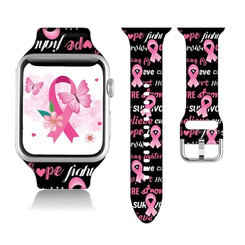 Compatible With Pink Ribbon Apple Watch 38/40/41/42/44/45mm For Women Men Soft Silicone Breast Cancer Awareness Gifts Decorations Replacement Wristband Band For Iwatch Series 9 8 7 6 5 4 3 2 1 SE.38mm/40mm/41mm.Breast Cancer Gifts