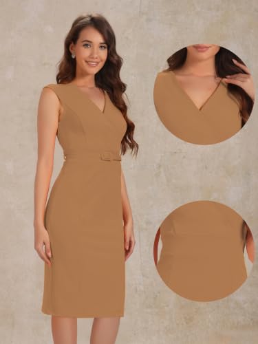 Image of Allegra K Sheath Dress for Women's Wrap V Neck Business Office Belt Sleeveless Pencil Dress