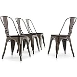 Belleze Bistro Dining Chairs Modern Style Metal Industrial Set of 4 Wood Seat Restaurant Cafe Bar Stool Stackable Bronze