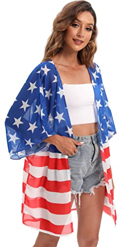 Image of DDSOL Women's American Flag Kimono Cover up Beachwear Cardigan Loose Tops Shirt Blouse