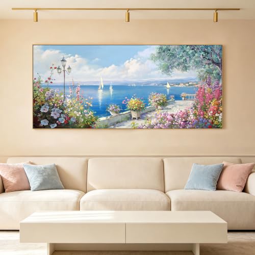 Oversized French Coastal Flower Sailboat Canvas Wall Art Framed Pastel