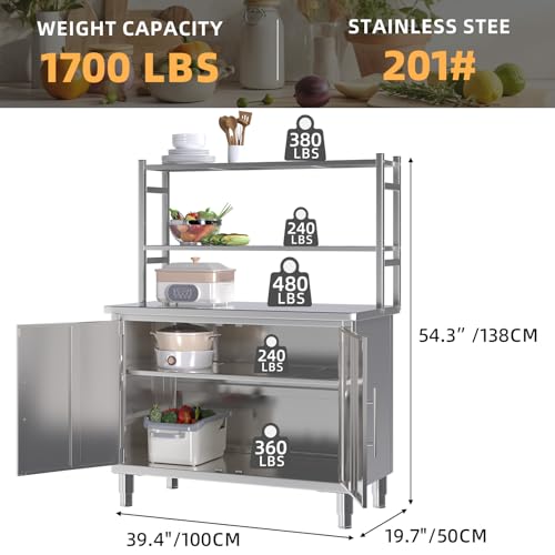 Image of 40''x20'' Stainless Steel Commercial Worktable, Kitchen Prep Table Steel Countertop with Adjustable Tier & Cabinet Shelf Work Table Workbench for Home Restaurant