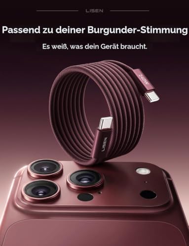 LISEN 240W USB C Kabel, PD 3.1 USB C Ladekabel, Burgunder – Ansicht 2