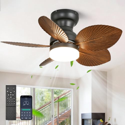 RIENAZA 30 Inch Palm Leaf Ceiling Fans with Lights and Remote,DC Reversible Motor,6 Speeds,Dimmable,5 Leaf Blades,Small Tropical Gazebo Flush Mount Ceiling Fan for Bedroom,Kitchen