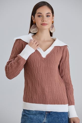 Image of Sweaters for Women Fashion Long Sleeve Lapel Collar V Neck Casual Knit Color Block Pullover Sweater