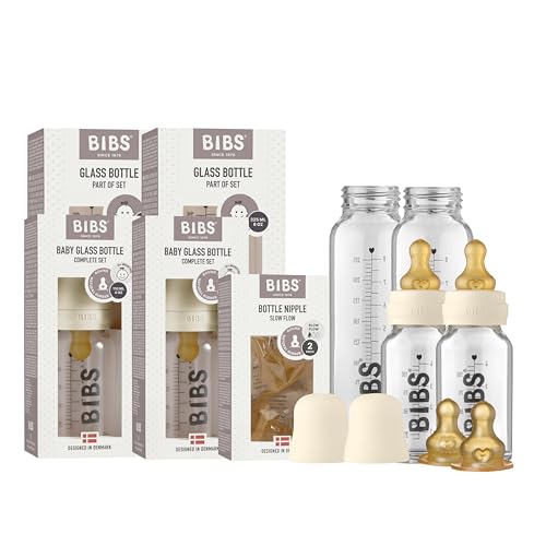 Image of Bibs Baby Glass Bottle Starter Kit 4 Bottles, 3.7 oz & 7.6 oz | Anti-Colic Design, Vented Nipple, Breast-Like Transition | Lab-Grade Borosilicate Glass | Ivory