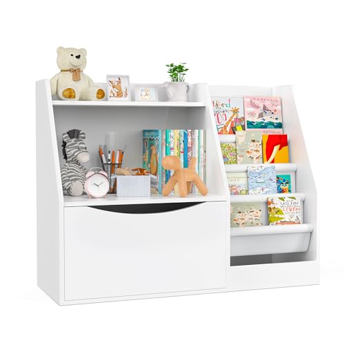 Image of TOETOL 2 Tier Kids Bookshelf and Book Storage，4 Sling Toddler Bookshelf, Storage Boxes Book Shelf & Organizer for Nursery Playroom Classroom Library Bedroom White
