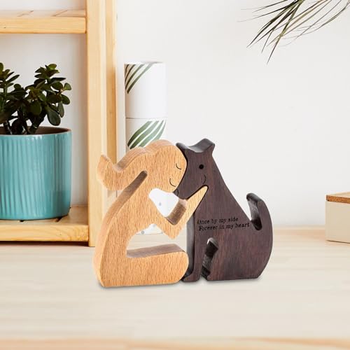 MagiDeal Mann und Hund Holzstatue Holzskulptur Hundefiguren Ornamente, Holzmann Hund Schnittmodell Handgeschnitzter Holz Hund Menschliche Statue für Männer Frauen Zuhause Regal Dekor Schreibtisch