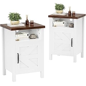 YESHOMY Farmhouse Modern Nightstand with Shelf and Barn Door, Set of 2 for Bedroom, White