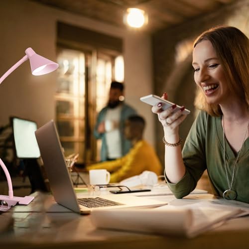 Lzonunl Pink Desk Lamp with Clip, 3 Light Modes & 10 Dimmable Brightness, Small Book Reading Light, Bedside Lamp for Office, Bedroom, Study, USB Plug-in - Image 2