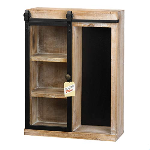 Accent Plus Rustic Open Wall Cabinet with Chalkboard Back and Glass Barn Door - Thumbnail 4